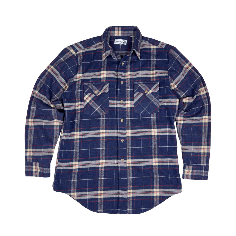 Vtg 70s Roebucks Flannel Shirt Mens‎ M Tall Plaid Workwear Navy Natural Sears